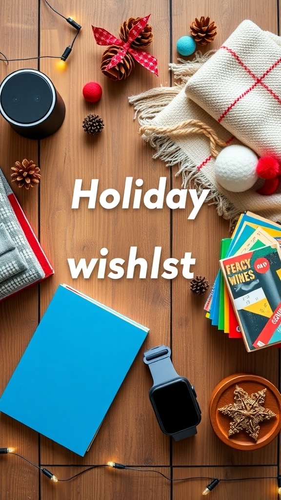 Holiday Gift Guide: Top Amazon Wishlist Ideas A flat lay of holiday wishlist items including a smart speaker, cozy blanket, fitness tracker, and books on a wooden table with holiday decorations.